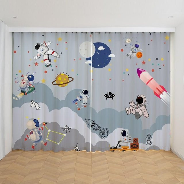 2er-Set Yiran Furniture Vorhang für Kinder mit Weltraum-Astronauten, Raketen und Planeten in Blau, halbtransparent, Breite: 50 cm, Höhe: 130 cm - Bild 1