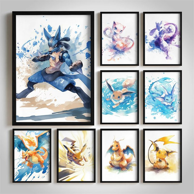 Pokemon Anime Aquarell Leinwand Wandkunst mit Pikachu, Charizard, Lucario und Mewtwo als dekoratives Poster für dein Wohnzimmer oder Kinderzimmer - Bild 1