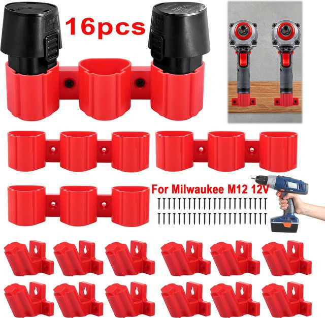 16er Set Batteriehalter und Werkzeughalter für Milwaukee M12 12V, Wandmontage aus Kunststoff in Rot - Bild 1