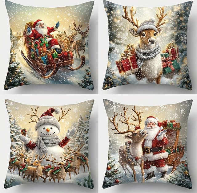 4er-Set ZZN Weihnachtskissenbezüge mit Gold Glitzer Design, Schneemann Elch und Weihnachtsbaum, Farbe Gold/Mehrfarbig, B/T/H: 45 x 45 x 45 cm - Bild 1