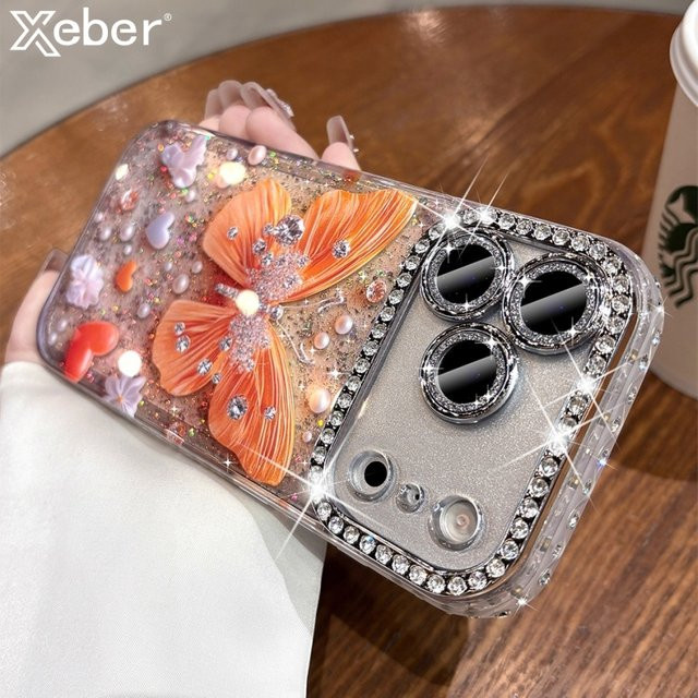 Xeber Diamant-Schmetterlings-Handyhülle für iPhone 13, 14, 15, 16 Plus, 17 Pro Max mit glitzernden Strasssteinen in Transparent und stoßfester Hartschale - Bild 1