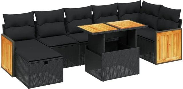 vidaXL 8-teilige Garten-Sofagarnitur aus Poly-Rattan und Akazienholz in Schwarz mit Kissen - Bild 1