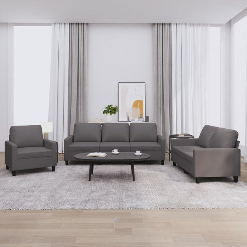 Vidaxl 3-Sitzer Sofa-Set mit Kissen in Grau aus Kunstleder im modernen Design - Bild 1