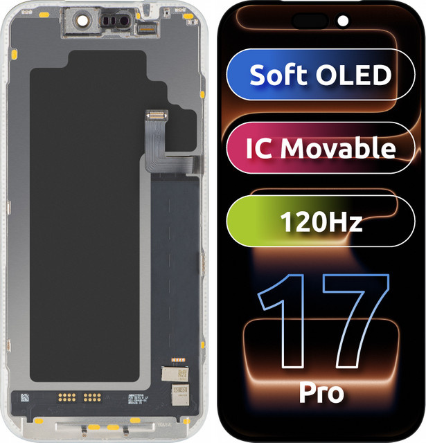 MP Touchscreen-Display kompatibel mit Apple iPhone 17 Pro, Soft OLED FHD 120Hz IC Movable Version mit Rahmen, Schwarz - Bild 1