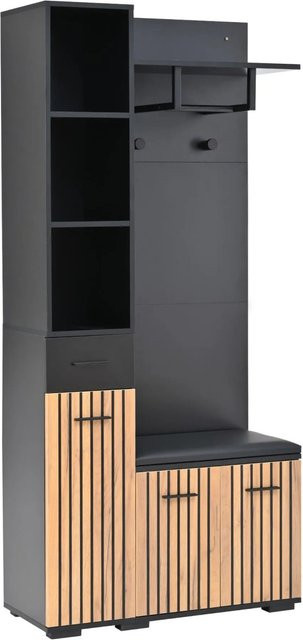 okwish Kompaktgarderobe mit Schuhbank und 2 Kleiderhaken, Schwarz Natur, B/T/H: 80 x 35 x 175 cm - Bild 1