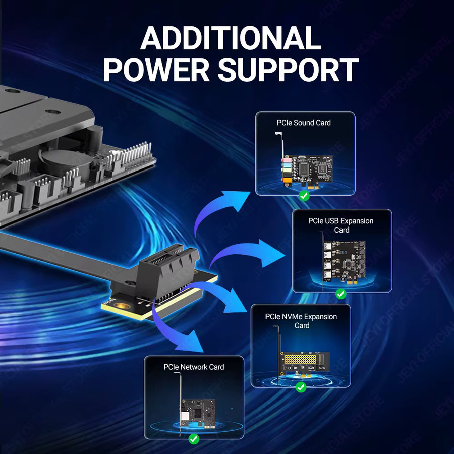 JEYI PCIe X1 Riser-Kabel in Schwarz, 90 Grad rechtwinkliges PCIe 4.0/3.0 Verlängerungskabel für WLAN-Karten, M.2-Adapter und USB-PCIe-Karten - Bild 5
