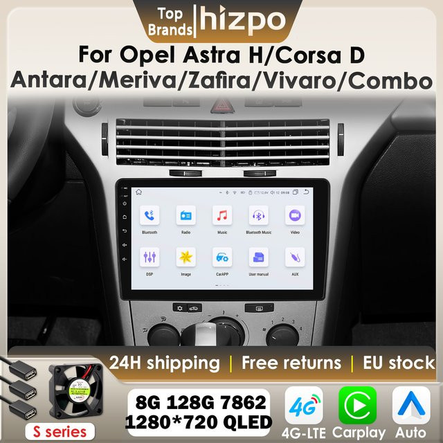 Hizpo Android 14 Autoradio mit 4G und Carplay für Opel Astra H, Antara, Corsa C, D, Meriva, Zafira, Vivaro, Combo sowie Vauxhall und Holden, 9 Zoll, Schwarz - Bild 1