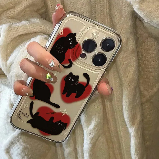 Ins Lovely Love Heart Handyhülle für iPhone mit schwarzer Katze in Transparent/Schwarz als Soft Clear Cover - Bild 1