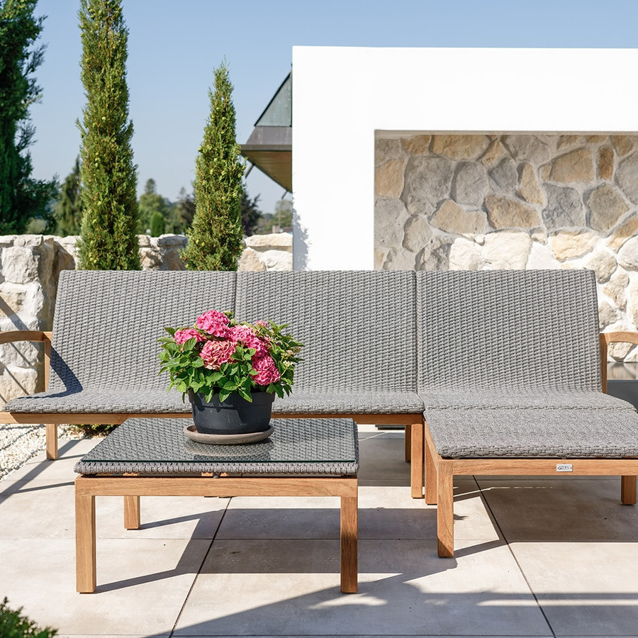 Stern LEAH Beistelltisch aus Teak natur mit Synthetikfaser in Steingrau und Glasplatte, B/T/H: 74,0 x 35,5 x 74,0 cm - Bild 2
