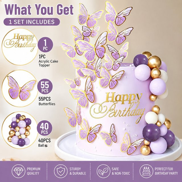 96-teiliges Set Schmetterling Kuchen-Dekoration in Lila, Gold und Grün mit 3D Schmetterlingen und Happy Birthday Topper für deine Geburtstagsfeier oder Babyparty - Bild 1