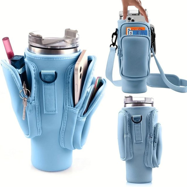 Binchi Fitness Aufbewahrungstasche für Wasserflaschen mit Handytasche, Himmelblau, passend für Edelstahlbecher mit 40 und 30 Unzen - Bild 1