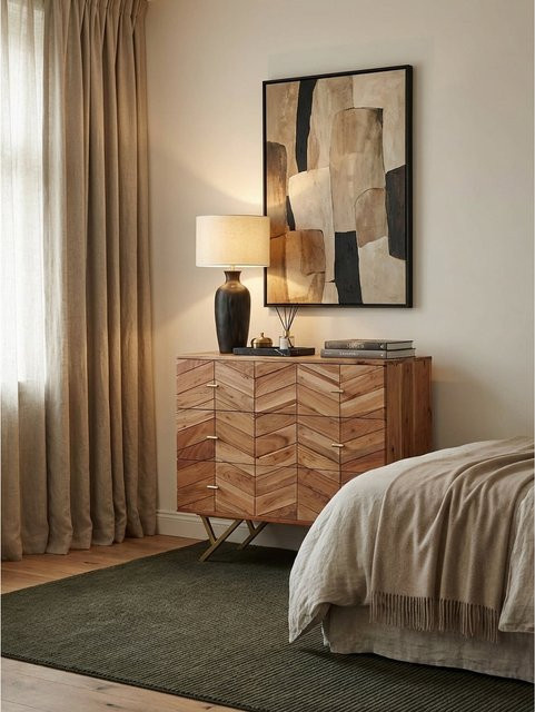 Sideboard KADIMA DESIGN aus Akazie Massivholz und Metall in Braun mit 3 Schubladen, B/H/T: 90 x 86,5 x 40 cm - Bild 1