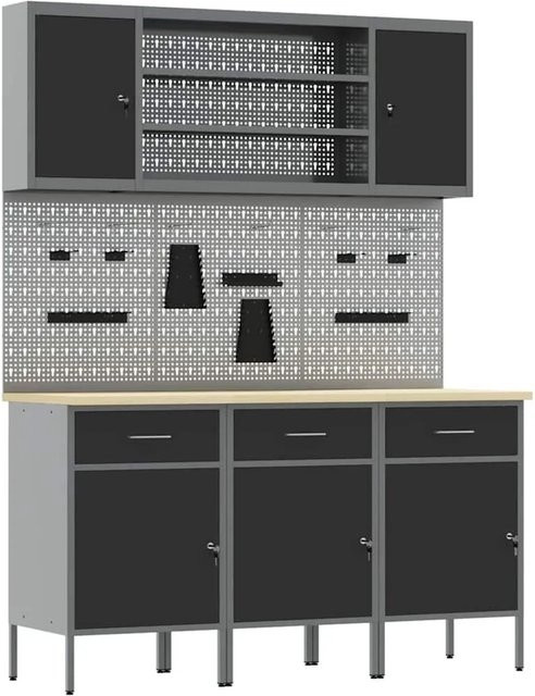 vidaXL Werkbank mit 7 Teilen und Schubladen in Schwarz aus Holz und Stahl mit Pegboard - Bild 1