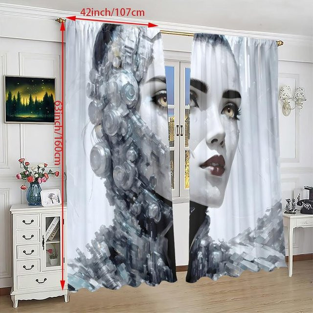 Yiran Furniture Vorhang Set mit Schönheitskopf-Print, 2 Stück, Grau, Schwarz-Weiß, Polyester, B: 76 cm, H: 165 cm - Bild 1