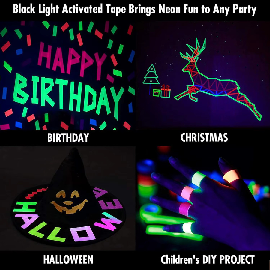 6er Set selbstklebendes UV-Glüh-Baumwollband in Multicolour für Neon-Effekte, Sicherheit und Dekoration - Bild 4