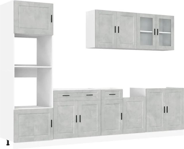 vidaXL Küchenschrank-Set Kalmar in Betongrau aus Holzwerkstoff mit Glastüren und Regalen, 7-teilig - Bild 1
