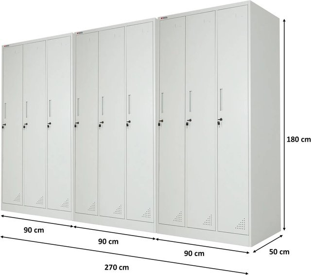 PROREGAL Spindschrank ELEPHANT mit 3 Abteilen, Metallschrank Lichtgrau, abschließbar mit Kleiderstange und Kleiderhaken, H x B x T: 180 x 90 x 50 cm - Bild 1