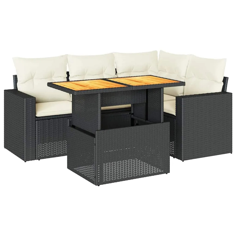 vidaXL 5-teilige Garten-Sofagarnitur aus Poly-Rattan und Akazienholz in Schwarz-Creme mit Kissen - Bild 2