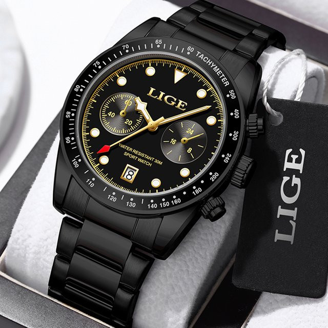 LIGE Armbanduhr Chronograph, Quarz, Edelstahl, Schwarz, Herren - Bild 1