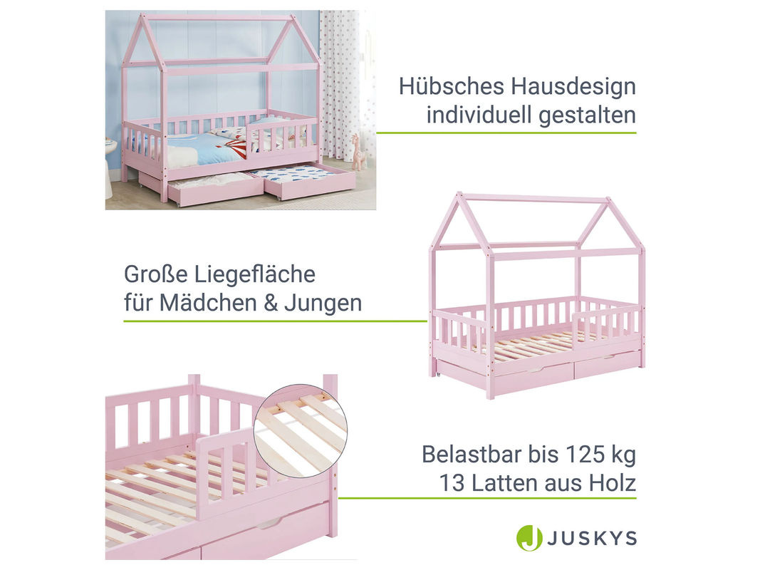 Juskys Kinderbett Marli Hausbett aus Kiefernholz mit Bettkasten und Gitter in Pink, B/T/H: 160 x 80 x 125 cm - Bild 3
