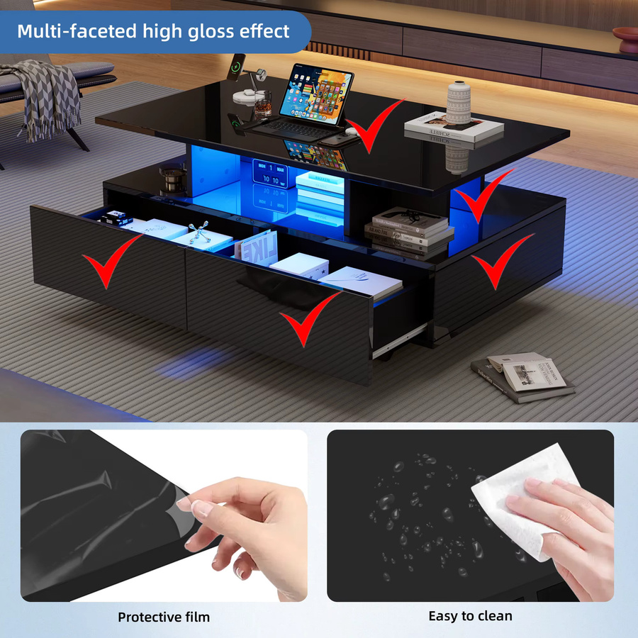 Svintora LED-Couchtisch in Schwarz mit Hochglanz-Finish, Farbwechsel-Beleuchtung und großem Stauraum durch Liftmechanismus - Bild 5