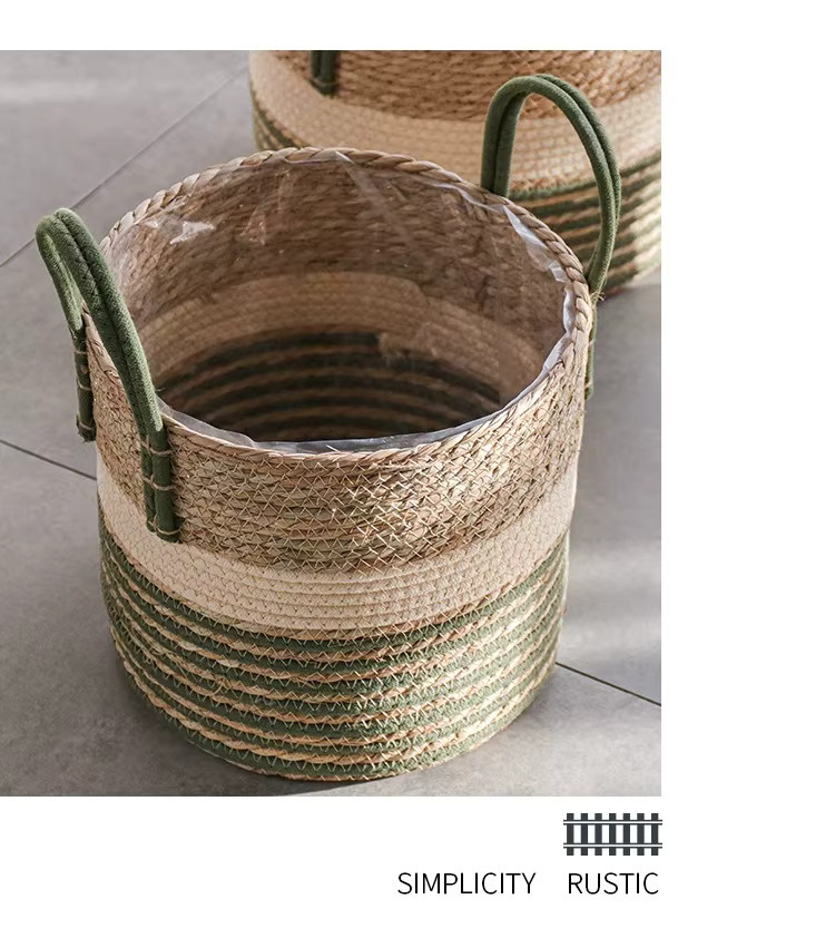 Runder Aufbewahrungskorb aus Rattan, Bambus und Seegras in Beige für Pflanzgefäße und Dekoration - Bild 4