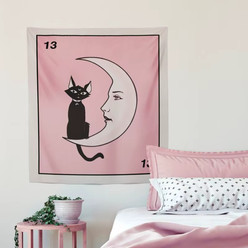 VIKAMA Bohemian Retro Moon Cat Tarot Wandteppich aus Polyester, Wandbehang in Pink, B/H: 50 x 70 cm - Bild 1