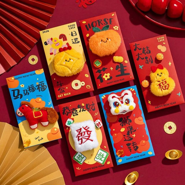 Rote chinesische Neujahrs-Umschläge mit Stickerei in Rot und Beige aus Papier - Bild 1