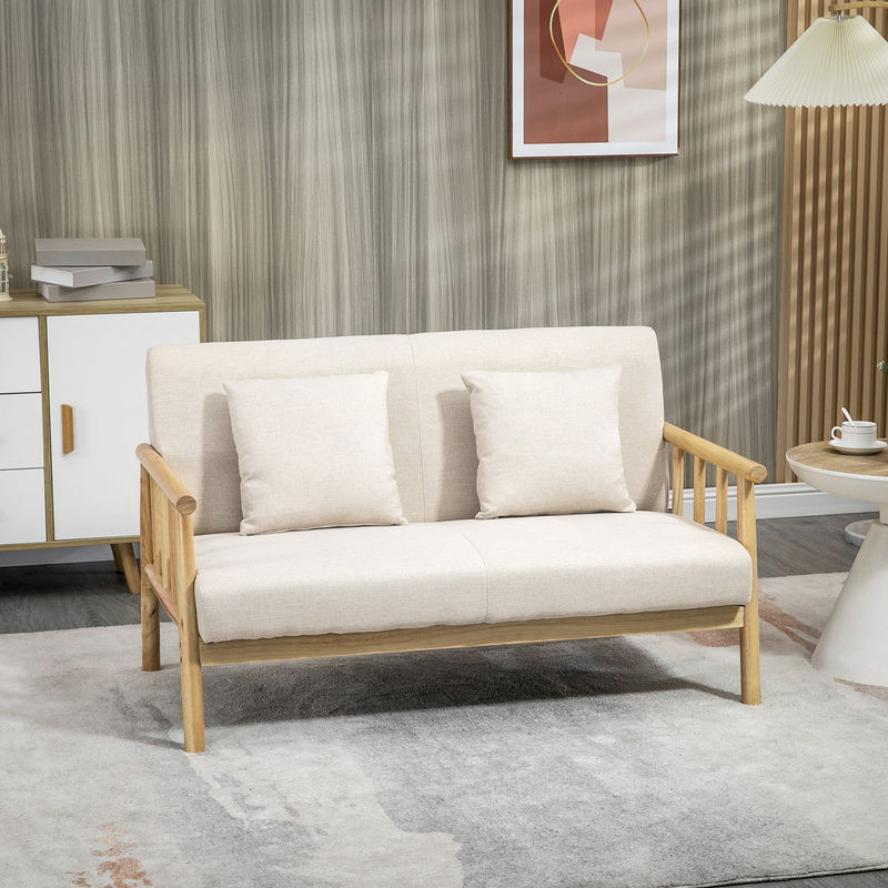 HOMCOM 2 Sitzer Sofa in Beige mit Leinenoptik, gepolstertes Doppelsofa mit Holzrahmen und 2 Lendenkissen - Bild 2