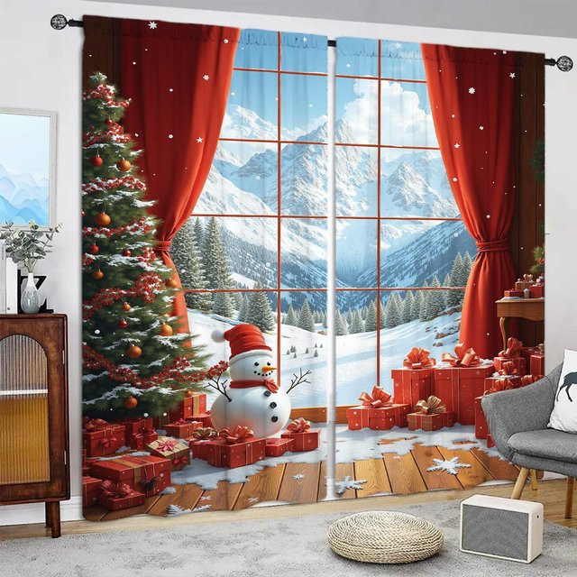 2er-Set Weihnachts Vorhänge mit Fröhliche Weihnachten Print in Grau und Rot, halbtransparent, B: 52,5 cm, H: 116 cm - Bild 1