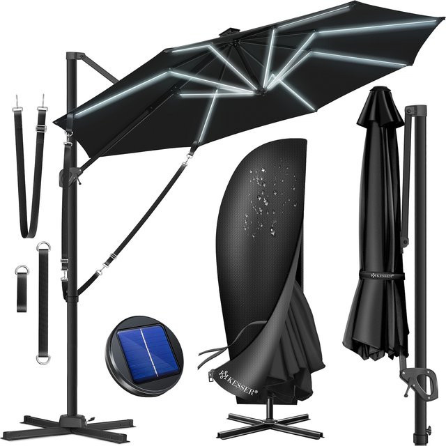 KESSER Ampelschirm SUN Rund XL Schwarz Ø 330 cm mit Abdeckung und Windschutzseilen, 7-fach verstellbar, neigbar und 360 Grad drehbar, UV50+ Sonnenschutz - Bild 1