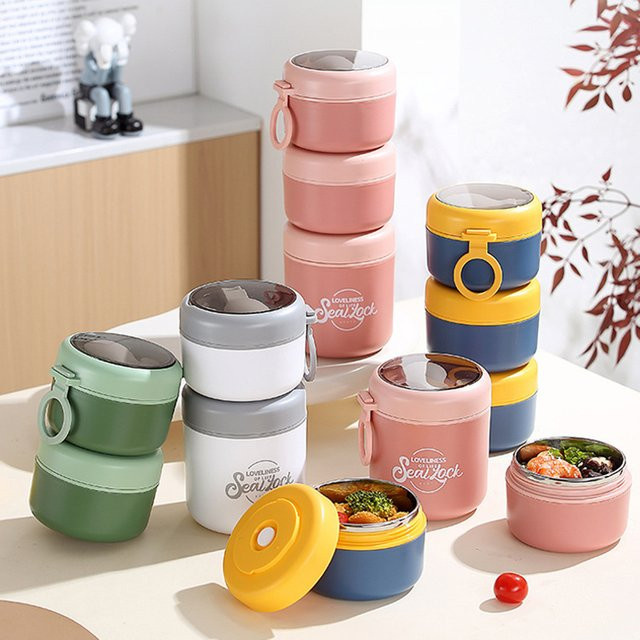 3-lagiges Edelstahl-Lunchbox-Set mit Suppenbecher und Löffel, stapelbare Lunchbox für Erwachsene und Kinder, Grün - Bild 1