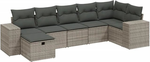 vidaXL 7-teilige Garten-Sofagarnitur in L-Form aus Poly Rattan mit Kissen und Ottoman in Grau - Bild 1
