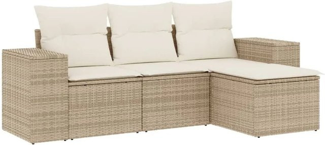 vidaXL 4-tlg. Garten-Sofagarnitur in L-Form mit Kissen und Ottoman, Beige, Poly-Rattan mit Metallgestell - Bild 1