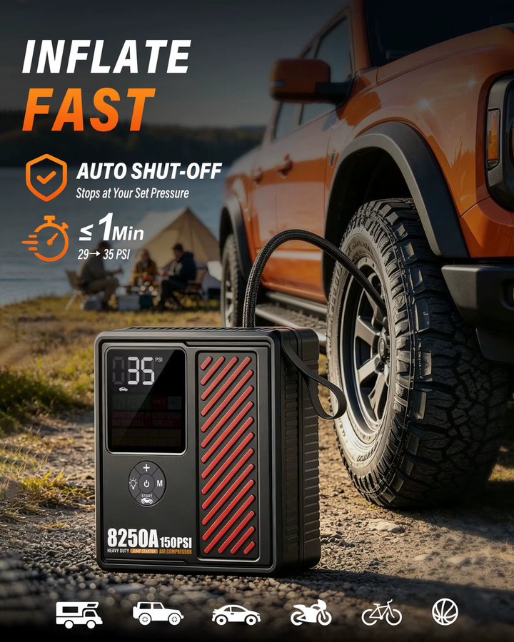AdoreTrip Auto-Starthilfegerät 8250A Powerbank mit integriertem Luftkompressor 150PSI Reifenfüller in Schwarz - Bild 4