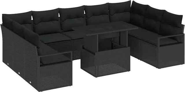 vidaXL Garten-Sofa-Set aus Poly Rattan in Schwarz mit 10-teiligem U-Shape Arrangement inklusive Tisch, Polsterkissen und integriertem Stauraum - Bild 1