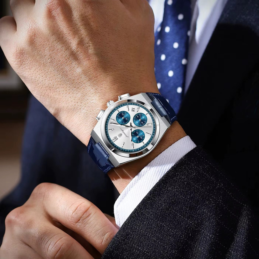 POEDAGAR Chronograph, Quarz, Leder, Silber, Herren - Bild 5