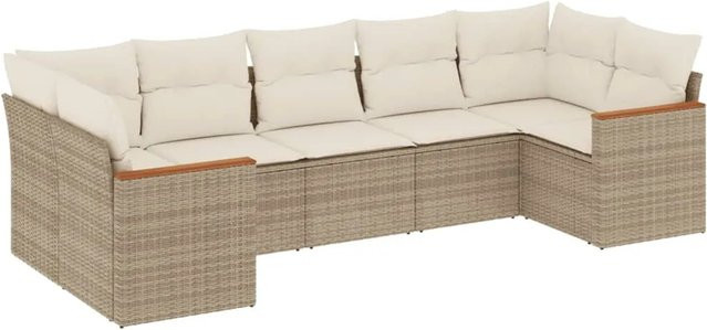 vidaXL 7-tlg Garten-Sofagarnitur in L-Form aus Poly-Rattan und Akazienholz mit Kissen in Beige und Cremeweiß - Bild 1