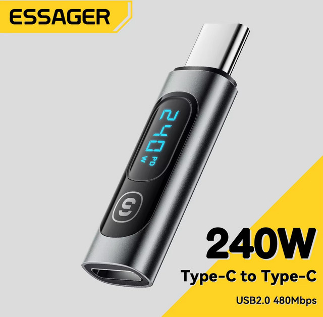Essager PD 240W OTG USB-C Adapter Typ-C-Stecker auf Typ-C-Buchse in Grau für Smartphone und Tablet mit Schnellladefunktion - Bild 1