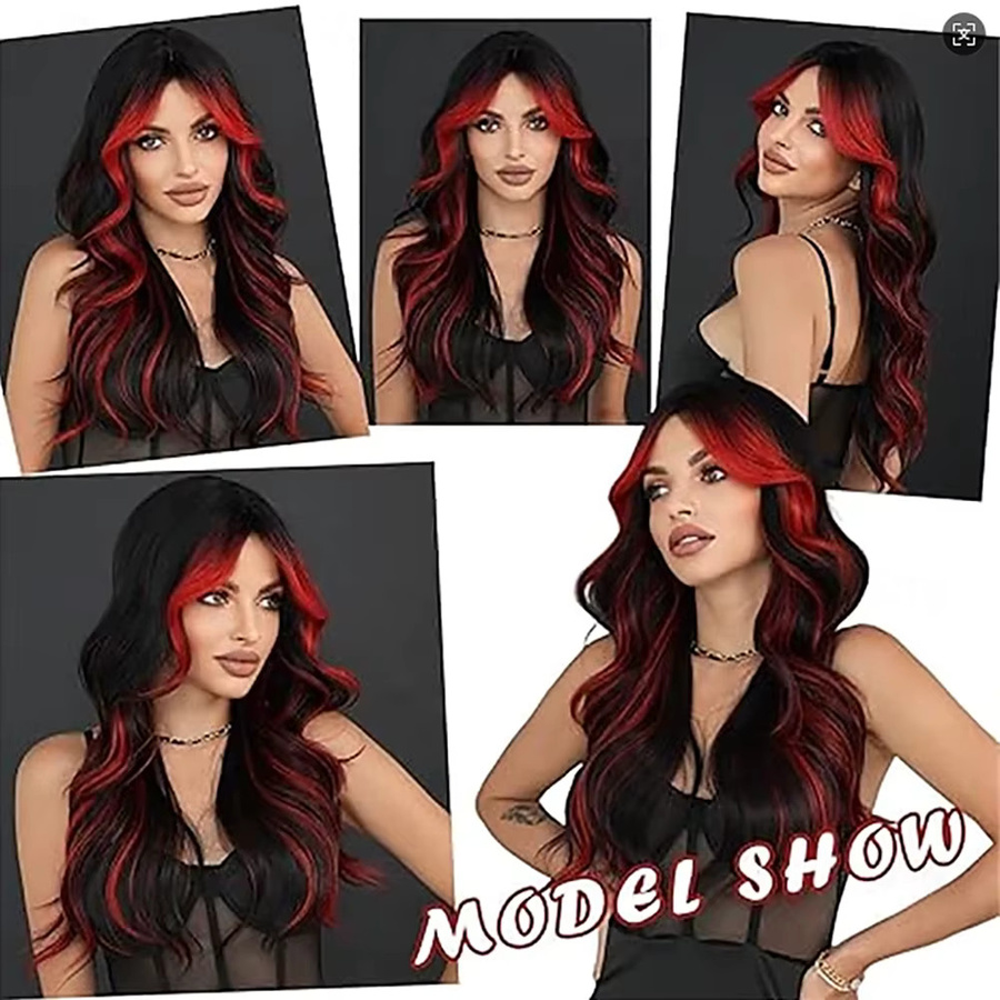 Hairjoy Ombre-Synthetik-Perücke, gewellt, Vorhang-Pony, schwarz-rot, 66 cm - Bild 2