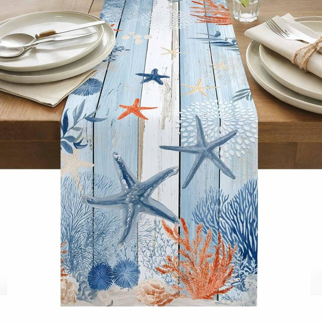 JMG Household Supplies Tischläufer aus Leinen mit Seestern und Korallen Motiv in Blau, B/H: 150 x 33 cm - Bild 1