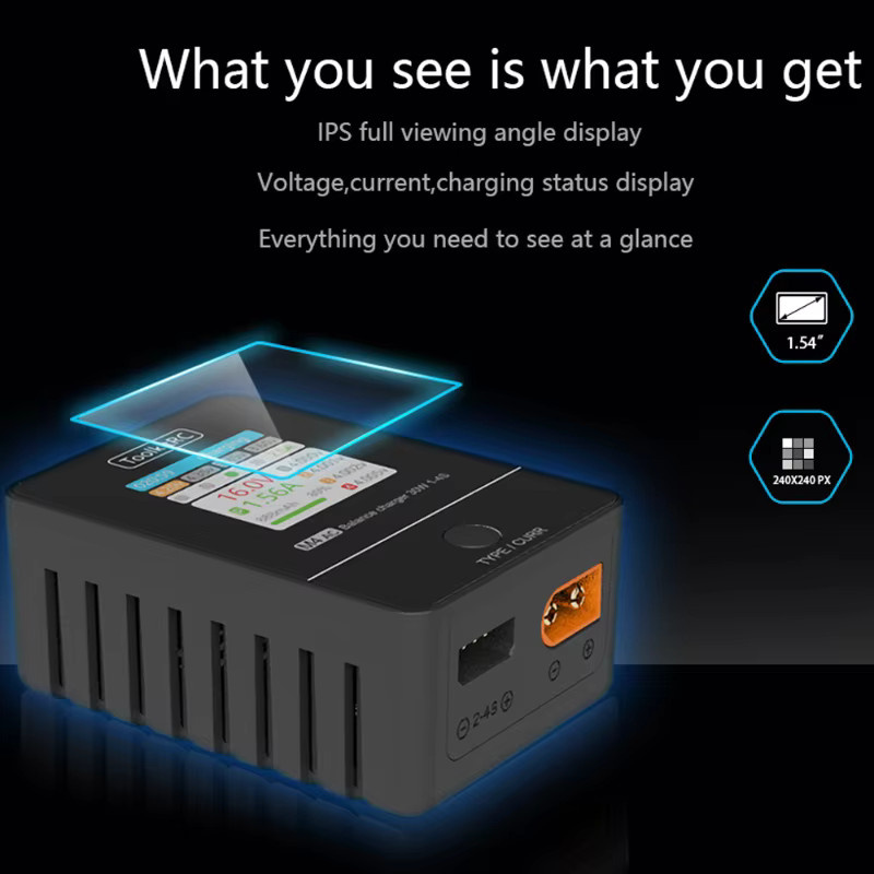 ToolkitRC M4AC Akku-Ladegerät 30W für 1-4S Lipo LiHV mit IPS-Display und XT30/XT60 Schnittstelle in Schwarz - Bild 4