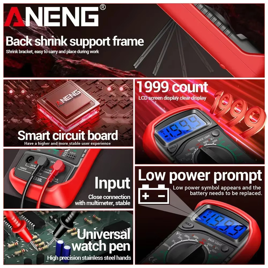 ANENG XL830L Digitales Multimeter in Rot mit AC/DC-Spannungsmessung, Widerstand, Amperemeter, HFE, Triode, Ohm, NCV und Dioden-Tester - Bild 2