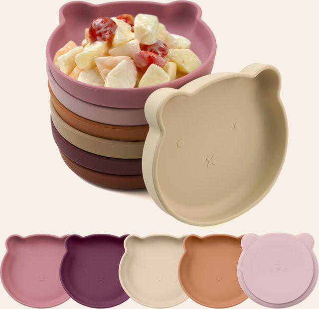 Baby Silikon Sauger Schüssel mit Cartoon Bär Design in Pink für die Beikostfütterung - Bild 1