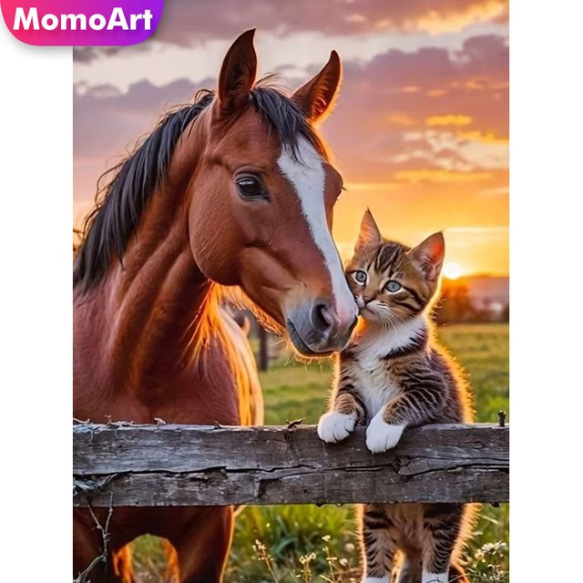 Momoart Diamant-Mosaik DIY Bild Pferd und Katze als Strass-Stickerei in Multicolour, B/H: 20 x 30 cm - Bild 1