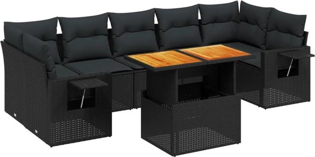 vidaXL 8-teilige Garten-Sofagarnitur in L-Form aus schwarzem Poly-Rattan mit Kissen und Akazienholz - Bild 1