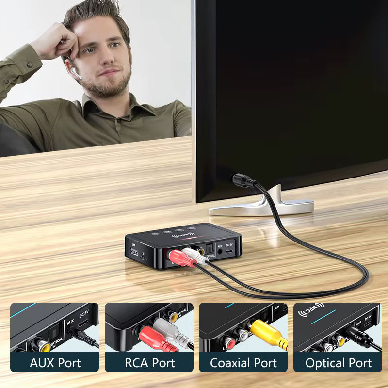 VIKEFON Bluetooth 5.0 Empfänger und Sender mit optischem Anschluss, 3,5mm Jack und RCA in Schwarz mit Fernbedienung für TV und Car Kit - Bild 2