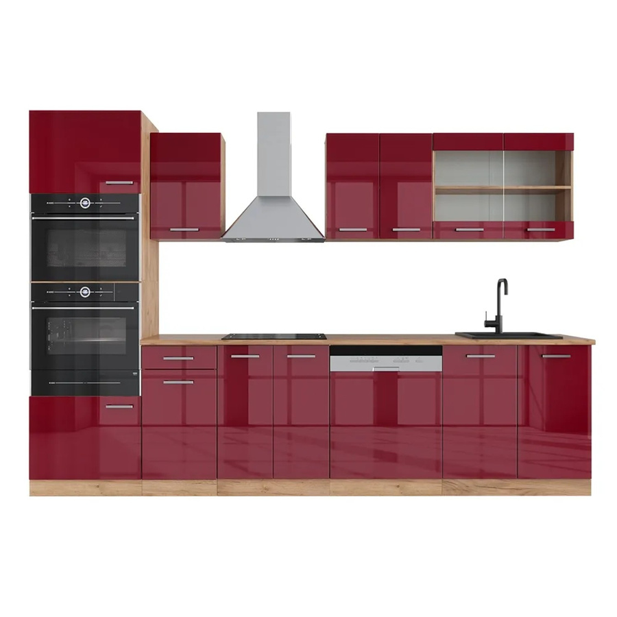 Vicco R-Line Küchenzeile Bordeaux Hochglanz und Goldkraft Eiche mit Hochschrank, Breite: 300 cm - Bild 2