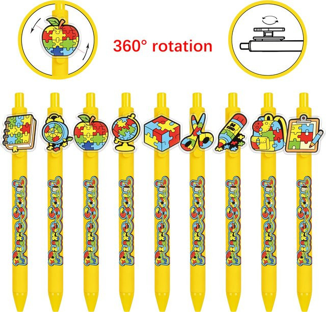 9 Stück Kugelschreiber mit Autismus-Motiv in Gelb mit zufälligen Mustern für reibungsloses Schreiben - Bild 1