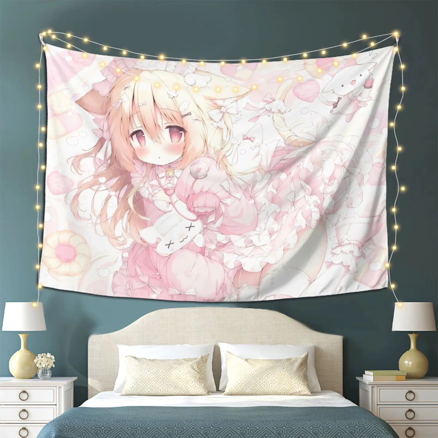 VIKAMA Wandteppich Pink Cat Mother Lolita Anime Mädchen Hintergrundstoff zur Raumdekoration, Breite: 60 cm, Höhe: 40 cm - Bild 2